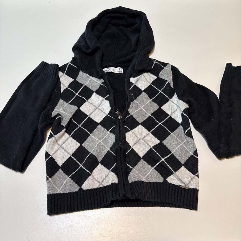 Hollister Y2K Scene Grunge Alternative Black Argyle Zip Up Cropped Hoodie
